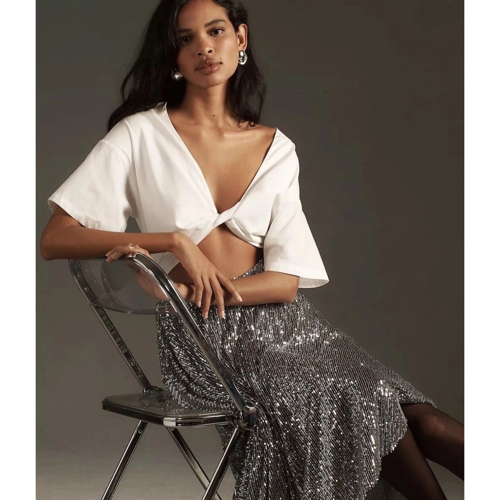 DELFI COLLECTIVE‎ Anthropologie Womens White Top Black Sequin Midi Dress Small - Picture 3 of 9